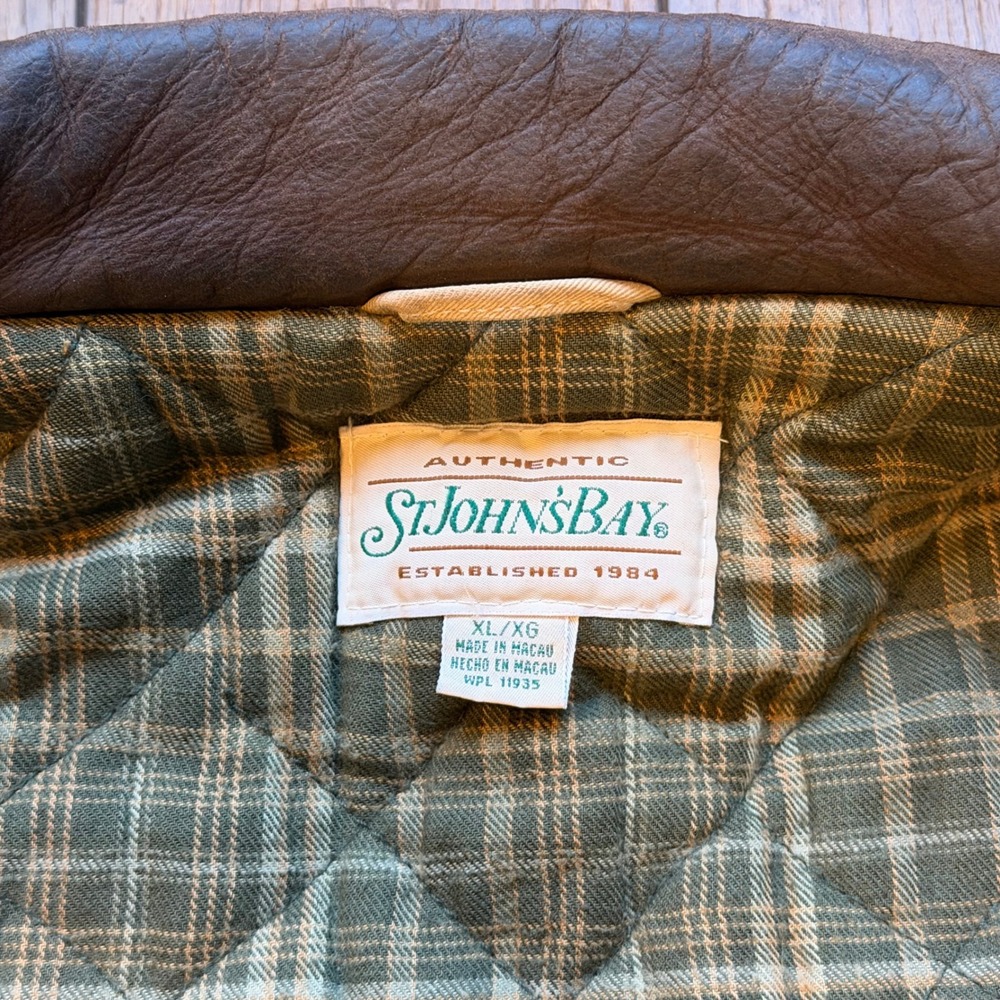Vintage St Johns Bay Canvas Work Jacket Mens XL Tan Leather Collar Quilted Plaid - Picture 3 of 9